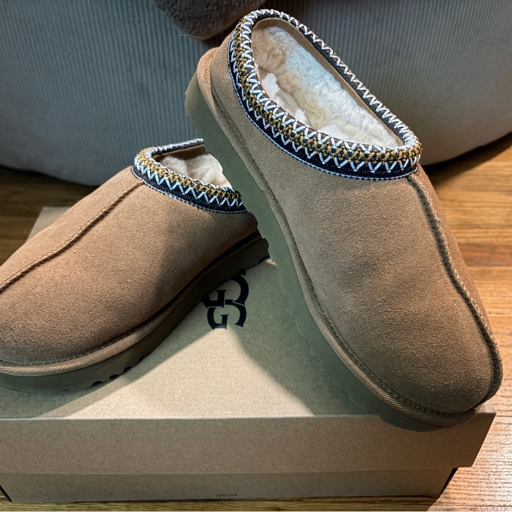 UGG Tan Suede Slippers with Patterned Trim- Like new (pristine)